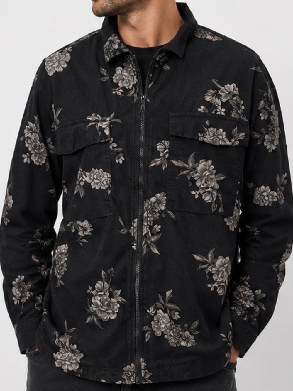 Denim & Flower Ricky Singh Men’s L Black Floral Zip Utility Shirt Jacket Cotton